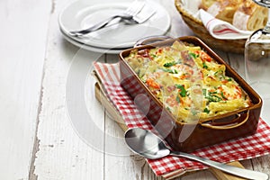 Homemade shrimp macaroni cheese gratin, casserole dish