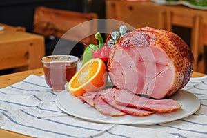 Homemade of Sliced Honey Gammon Ham with Orange, Cherry, Sweet Pepper and Honey Sauce