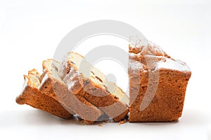Homemade sliced muffin on white background, closeup