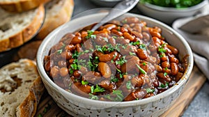 Homemade Slow Cooked Beans in a Modern Kitchen. Slow Cooker Baked Beans photo