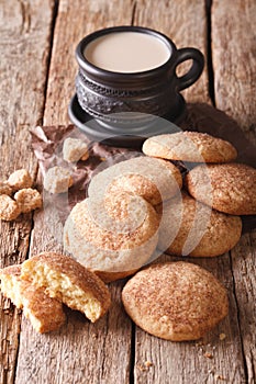 Homemade Snickerdoodle cookies and coffee with milk. vertical