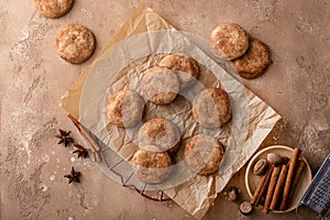 Homemade snickerdoodle cookies on parchment paper