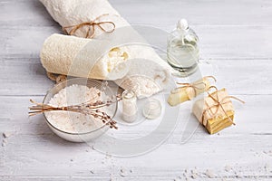 Homemade soap, dry lavender flowers and essential oil.