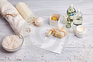 Homemade soap, dry lavender flowers and essential oil.