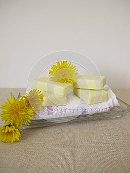 Homemade solid body butter bars with dandelion flower oil