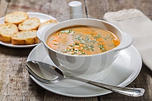 Homemade soup puree bisque with croutons.