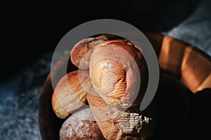 Homemade sourdough and bread bun. Freshly baked bread. Organic whole-wheat loaves.