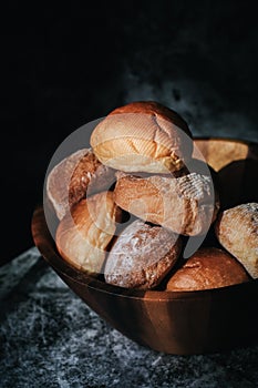Homemade sourdough and bread bun. Freshly baked bread. Organic whole-wheat loaves.