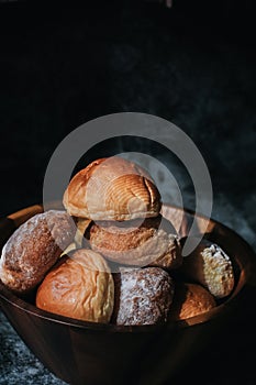 Homemade sourdough and bread bun. Freshly baked bread. Organic whole-wheat loaves.