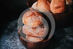 Homemade sourdough and bread bun. Freshly baked bread. Organic whole-wheat loaves.