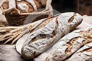 Homemade sourdough bread food, photography recipe idea, freshly baked loaf of bread from the oven, home recipe for tasty bread