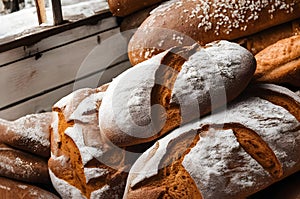 Homemade sourdough bread food, photography recipe idea, freshly baked loaf of bread from the oven, home recipe for tasty bread