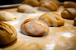 Homemade sourdough bread food, photography recipe idea, freshly baked loaf of bread from the oven, home recipe for tasty bread