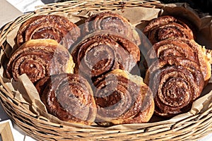 homemade sourdough cinnamon rolls in a basket