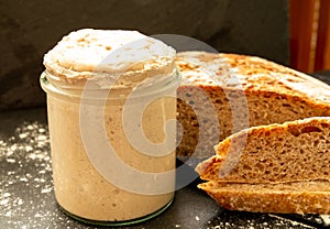 Homemade sourdough starter in glass