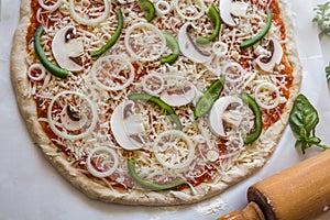 Homemade sourdough vegetarian Mushroom onion and green peppers pizza