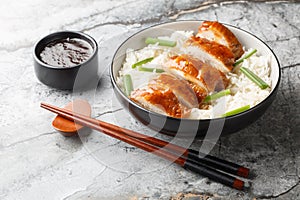 Homemade soy sauce chicken has silky tender meat with a deep savory flavor served with rice and dipping sauce closeup. Horizontal