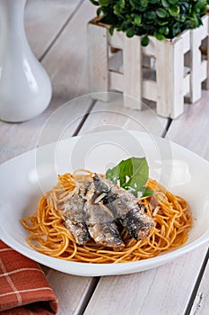 Homemade Spanish sardines in tomato pasta