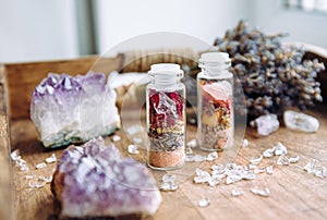 Homemade spell jar bottles with good intentions for home protection and inner balance.