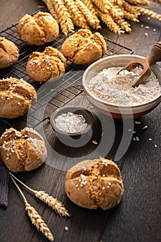 Homemade spelt bread buns with salt on wooden background