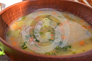 Homemade Split Pea Soup with carrots, macro image