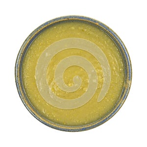 Homemade split pea soup in old bowl