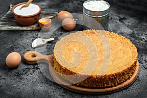 Homemade sponge cake with ingredients eggs. flour milk and sugar, Bakery background concept. banner, menu recipe place for text