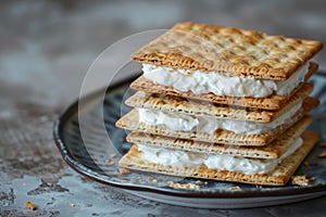 Homemade stack of creamfilled biscuits on plate