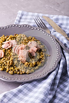 Homemade stewed mung beans with canned tuna