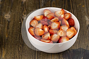 homemade strawberries washed and sliced, close up