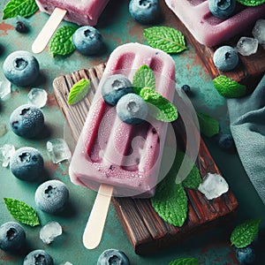 Homemade strawberry cherry banana blueberry ice cream green mint leaves on teal rustic table, frozen fruit juice