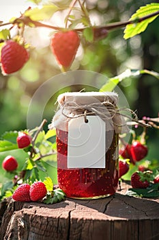 Homemade Strawberry Jam in Glass Jar on Wooden Surface with Fresh Berries