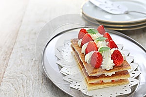 Homemade strawberry millefeuille, French pastry photo