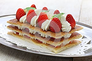 Homemade strawberry millefeuille, French pastry photo