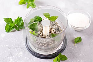 Homemade sugar scrub with chopped mint leaves in blender