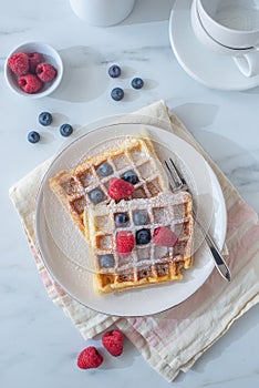 Homemade summer breakfast belgian waffles with berries