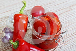 Homemade summer crop preservation, vegetable vegetarian diet wholesome food, natural red roasted bell peppers with garlic