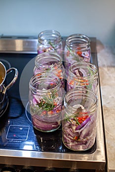 Homemade sweet and spicy pickled red onions sliced in a large mason glass jar