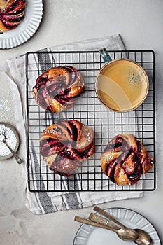 Homemade sweet yeast twisted buns with blueberries