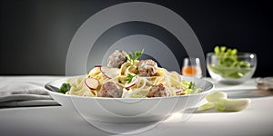 Homemade tagliatelle pasta with meatballs with radish. Italian food. AI generated