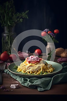 Homemade tagliatelle pasta with tomato sauce. Italian food. AI generated