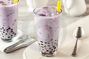 Homemade Taro Milk Bubble Tea with Tapioca