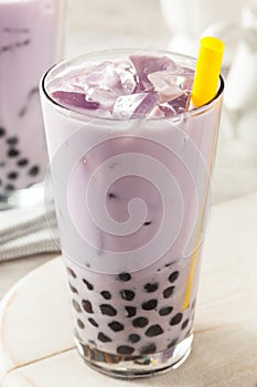Homemade Taro Milk Bubble Tea with Tapioca