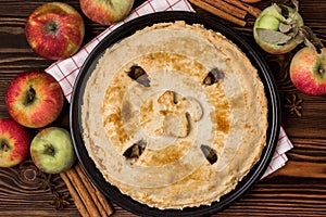 Homemade Tasty Apple Pie with Apples and Spices Wooden Background Top View Raw Apples Cinnamone Sticks Close Up photo
