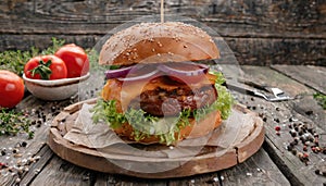 A homemade, tasty burger on a rustic wooden table. Generated with AI