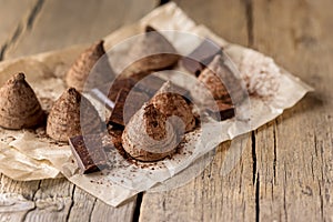 Homemade Tasty Chocolate Truffle Candy on the Old Wooden Background Tasty Dessert Copy Space