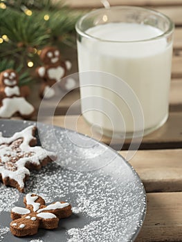 Homemade tasty christmas gingerbread cookies with glass of milk on brown wooden background. Close-up. Branches of a Christmas tree