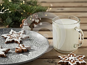 Homemade tasty christmas gingerbread cookies with glass of milk on brown wooden background. Close-up. Branches of a Christmas tree