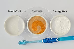 Homemade teeth whitening recipe made out of coconut oil, turmeric and baking soda