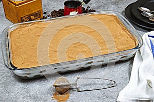 homemade tiramisu Italian dessert topped with coffee grinder, bean on grunge background